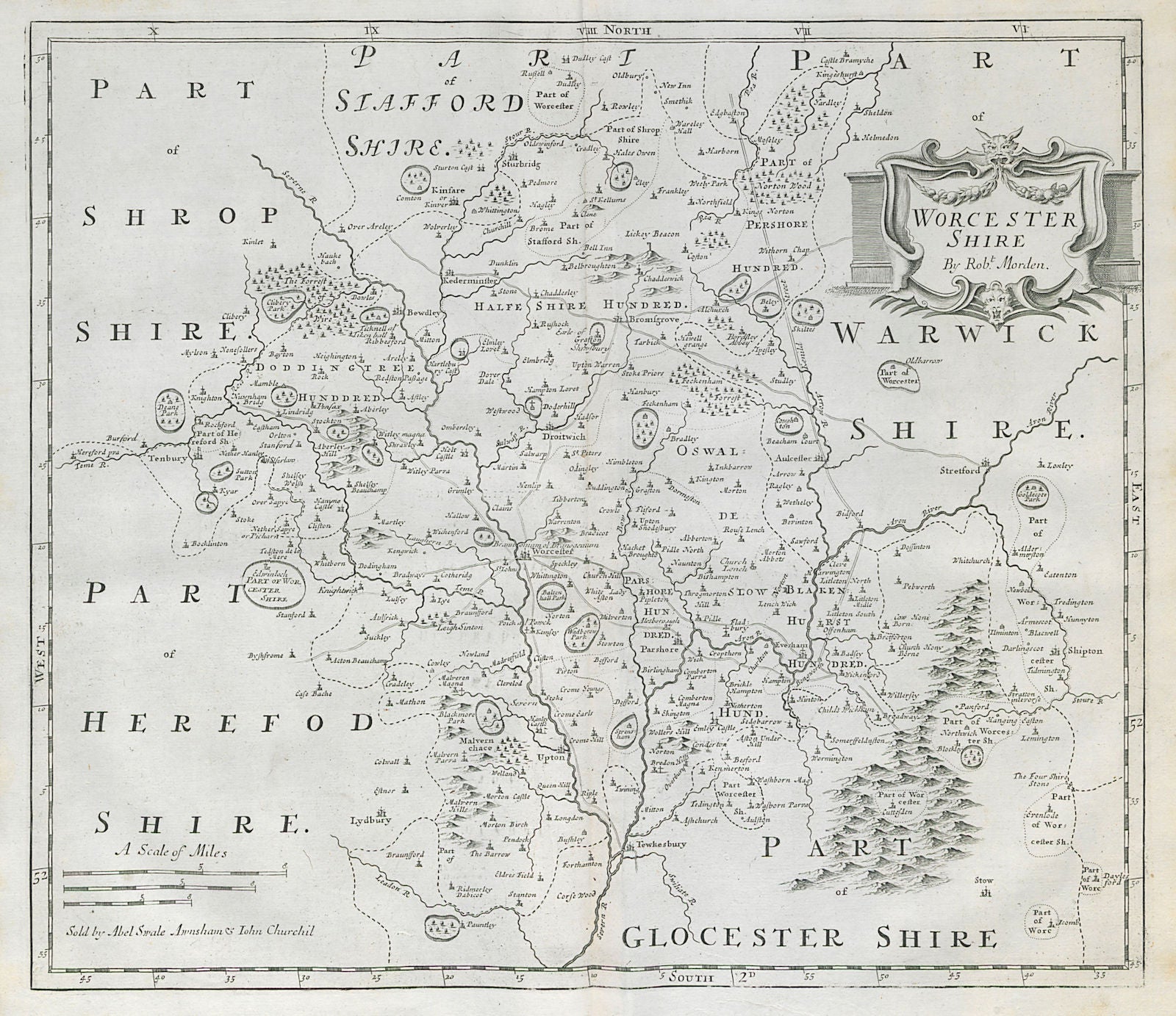 WORCESTERSHIRE by ROBERT MORDEN from Camden's Britannia 1722 old antique map